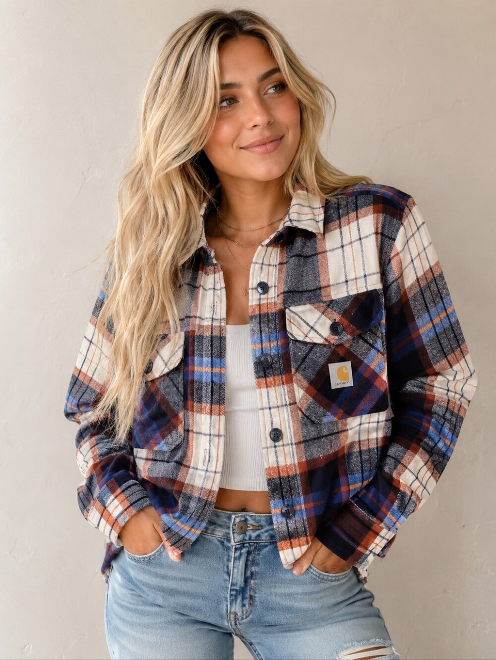 Upcycled Flannel Shacket With Carhartt Patch Womens Large